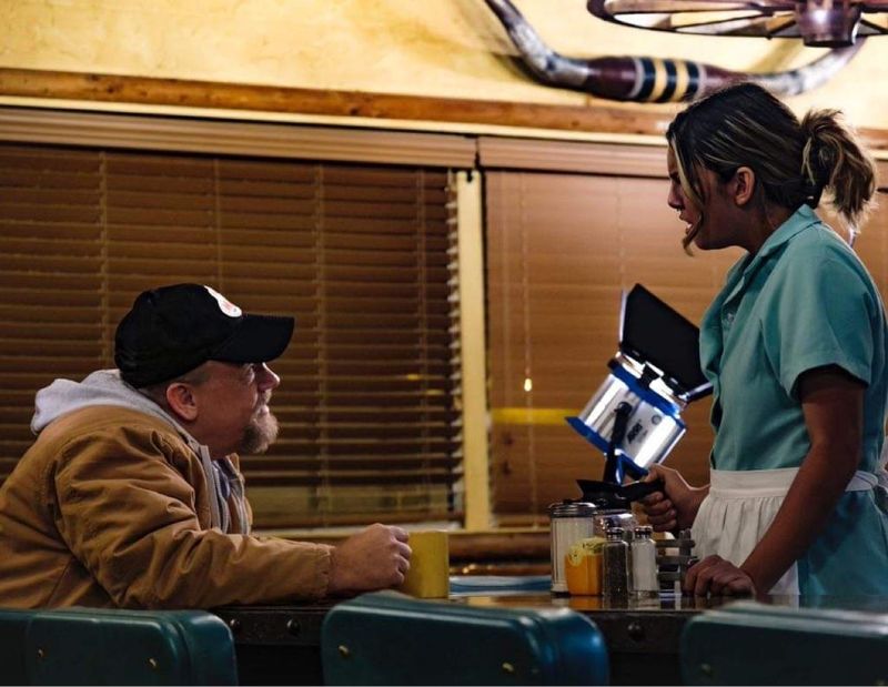 David Garry and Destini Sharp, both from the High Desert, star in the short horror film “Smile,” which is being shot at the Outpost Cafe in Hesperia.