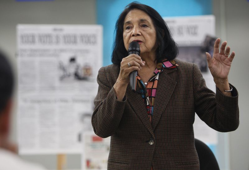 United Farm Workers co-founder Dolores Huerta speaks at the Cesar Chavez Library in Salinas on May 31, 2009.