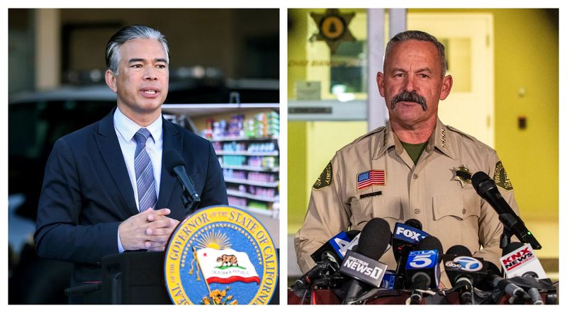 California Attorney General Rob Bonta, left, and Riverside County Sheriff Chad Bianco.