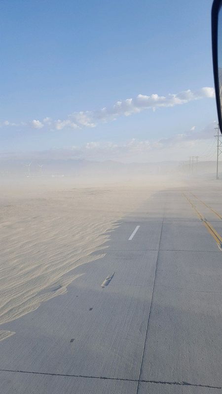 This photo shows Indian Canyon Drive at the Whitewater Wash on May 8. The road was closed due to blowing sand.