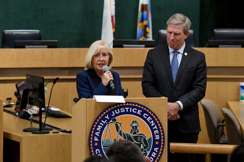 Ventura County Supervisor Janice Parvin presents a declaration commemorating National Crime Victims Rights Week during a ceremony at Simi Valley City Hall with District Attorney Erik Nasarenko on Thursday, April 27, 2023.