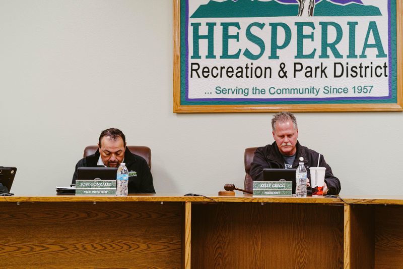 Hesperia Recreation & Park District Board President Kelly Gregg, right, and Director Jose Gonzalez during a special meeting on Friday, Feb. 28, 2020.