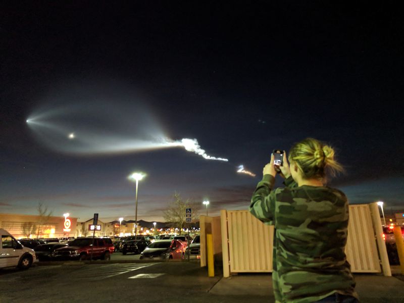 Dec. 22, 2017: A bright light in the sky grabbed everyone's attention Friday evening as it raced across the sky. The light was from SpaceX's Falcon 9 rocket, which launched at about 5:30 p.m. from Vandenberg Air Force Base in Santa Barbara County, California. The rocket was carrying satellites into orbit. (James Quigg, Victorville Daily Press)