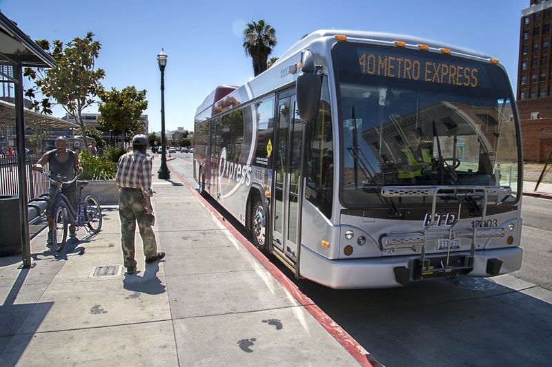 An RTD Metro Express bus pulls into Stockton's Downtown Transit Center. [CLIFFORD OTO/RECORD FILE 2017]