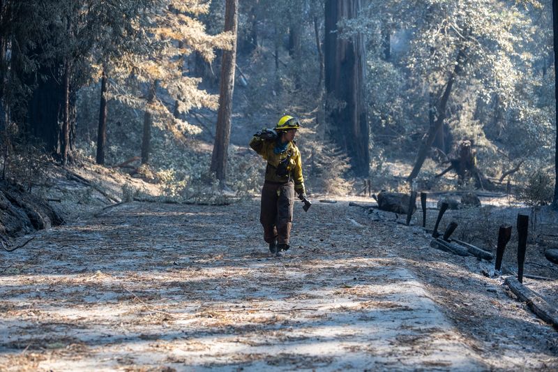 Vanessa Cortez carries a chainsaw and an axe in preparation for clearing the road to Big Basin Redwoods State Park on highway 236 in Calif., after the CZU Lightning  Complex Fire on Tuesday, Aug. 25, 2020. The fire took down many of the redwood trees, blocking the road to the historic state park.