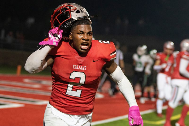 Trojans Jonah Coleman (2) reacts after scoring a touchdown during Fridays game against the St. Mary’s Rams at Alex G. Spanos Stadium. Dianne Rose/For The Record