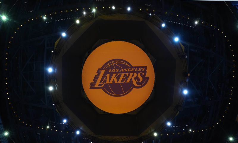 May 20, 2023; Los Angeles, California, USA; The Los Angeles Lakers logo on the video board during game three of the Western Conference Finals for the 2023 NBA playoffs at Crypto.com Arena. Mandatory Credit: Kirby Lee-USA TODAY Sports