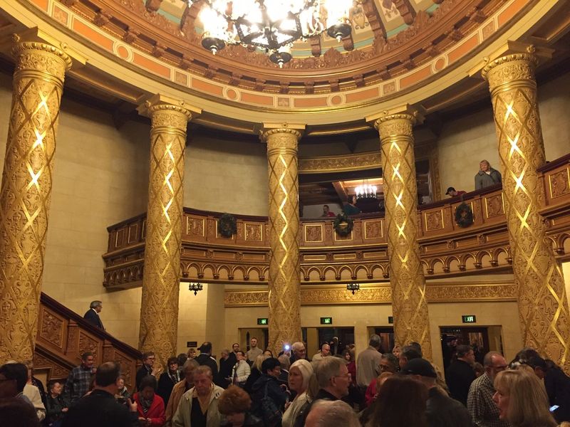 Stockton Fox interior, the lobby with crowd in foreground, can be spooky if you look around.