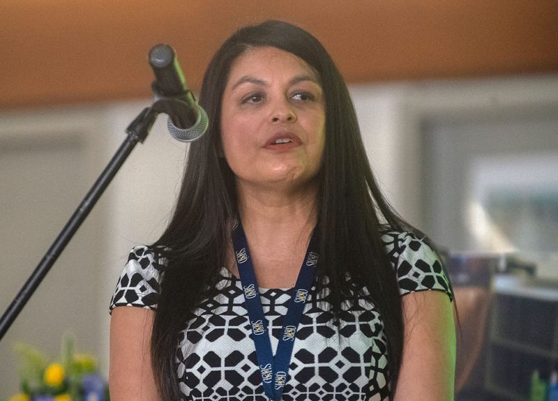 Stockton Unified School District board president AngelAnn Flores speaks at SUSD's State of the District event at Franklin High School on Oct. 18, 2023.