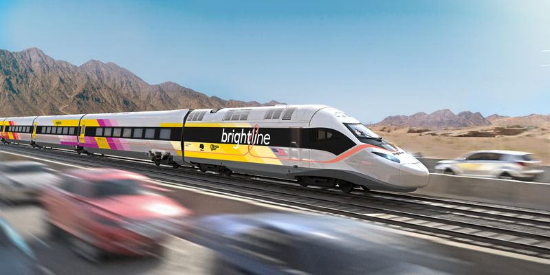 A rendering of a new high-speed rail line from Las Vegas to Southern California, which would run in the median of Interstate 15 and could open as early as 2028.