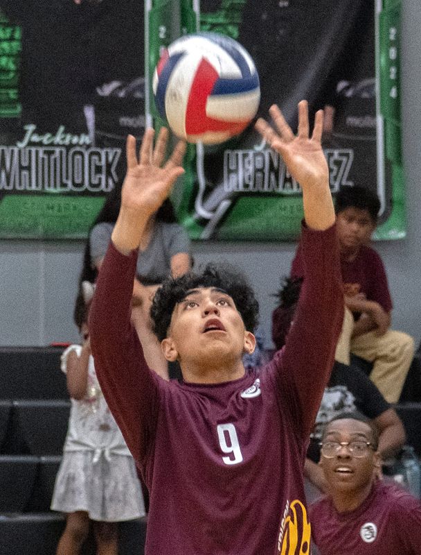 Edison's Jose Rios, sets the ball during a Sac-Joaquin Section boys volleyball playoff match against Edison at St. Mary's in Stockton on May. 2, 2024. St. Mary's won 3-1.