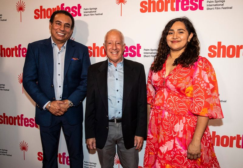 Palm Springs International Film Society Chairman Nachhattar Singh Chandi (left) and Artistic Director Liliana Rodriguez (right) pose for a photo with Palm Springs Mayor Jeffery Bernstein on the red carpet during opening night of ShortFest in Palm Springs, Calif., Tuesday, June 18, 2024.