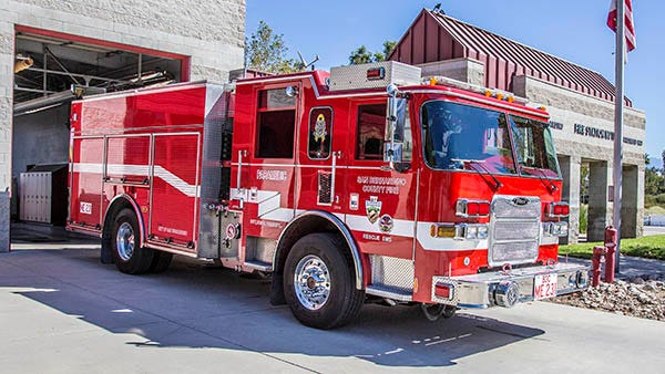 A San Bernardino County Fire Protection District type-1 fire engine, pictured in an undated photo.