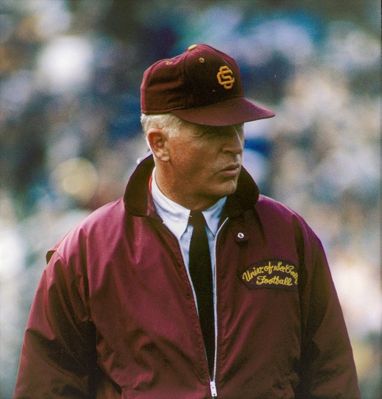 Unknown date and location, USA; FILE PHOTO; Southern California Trojans head coach John McKay on the sideline. Mandatory Credit: Malcolm Emmons-USA TODAY Sports
