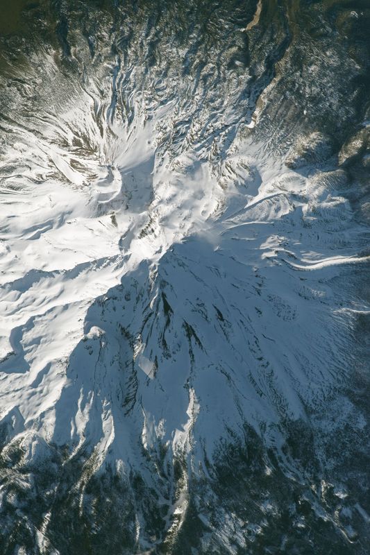 This zoomed in image of Mt. Shasta was taken by Astronauts aboard the International Space Station while flying over California on April 1, 2018.