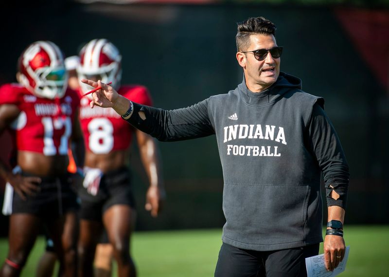 Indiana University Quarterbacks Coach Tino Sunseri instucts players during fall practice at the Mellencamp Pavilion at Indiana University on Tuesday, Aug. 6, 2024. Rich Janzaruk/Herald-Times / USA TODAY NETWORK
