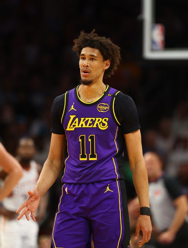 Oct 28, 2024; Phoenix, Arizona, USA; Los Angeles Lakers center Jaxson Hayes (11) against the Phoenix Suns at Footprint Center. Mandatory Credit: Mark J. Rebilas-Imagn Images