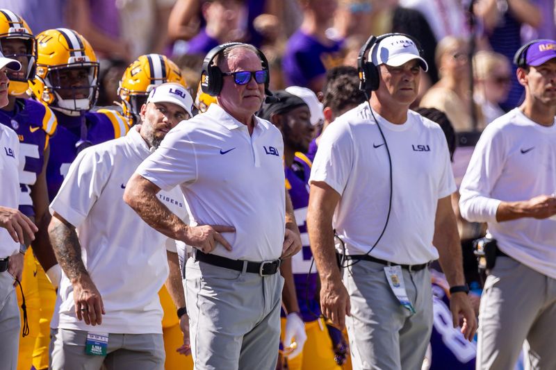 Sep 21, 2024; Baton Rouge, Louisiana, USA; LSU Tigers head coach Brian Kelly looks on during the first half against the UCLA Bruins at Tiger Stadium. Mandatory Credit: Stephen Lew-Imagn Images