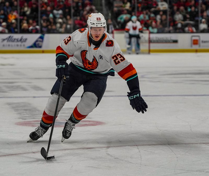 Coachella Valley defenseman Gustav Olofsson advances the puck during the second period of their game at Acrisure Arena in Palm Desert, Calif., Friday, Nov. 22, 2024.
