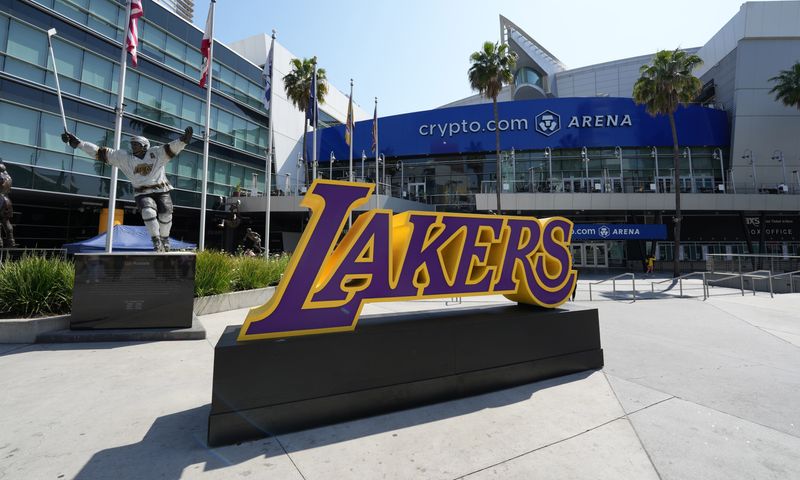 May 8, 2023; Los Angeles, California, USA; A general overall view of the Los Angeles Lakers logo at the Crypto.com Arena during game four of the 2023 NBA playoffs. Mandatory Credit: Kirby Lee-USA TODAY Sports