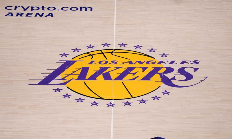 May 20, 2023; Los Angeles, California, USA; The Los Angeles Lakers logo at center court during game three of the Western Conference Finals for the 2023 NBA playoffs at Crypto.com Arena. Mandatory Credit: Kirby Lee-USA TODAY Sports