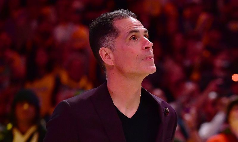 Mar 7, 2023; Los Angeles, California, USA; Los Angeles Lakers general manager Rob Pelinka, Vanessa Bryant and majority owner Jeanie Buss attend the jersey retirement of former player Pau Gasol during halftime at Crypto.com Arena. Mandatory Credit: Gary A. Vasquez-USA TODAY Sports