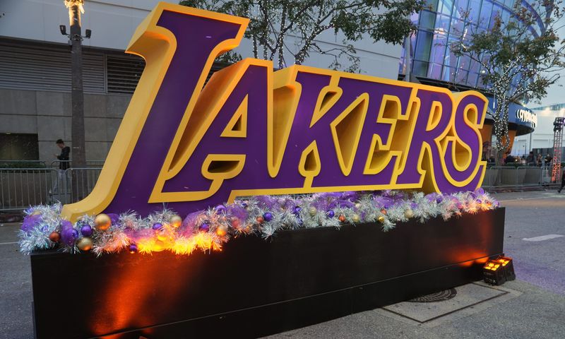 Dec 18, 2023; Los Angeles, California, USA; The Los Angeles Lakers logo outside of Crypto.com Arena. Mandatory Credit: Kirby Lee-USA TODAY Sports