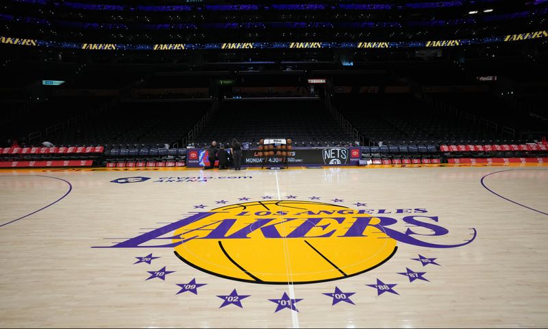 Jan 25, 2023; Los Angeles, California, USA; The Los Angeles Lakers logo at center court at Crypto.com Arena. Mandatory Credit: Kirby Lee-USA TODAY Sports