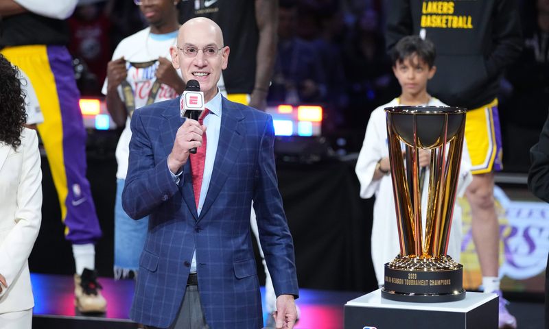 Dec 9, 2023; Las Vegas, Nevada, USA; NBA commissioner Adam Silver presents the NBA Cup to the Los Angeles Lakers after winning the in season tournament championship final against the Indiana Pacers at T-Mobile Arena. Mandatory Credit: Kyle Terada-USA TODAY Sports