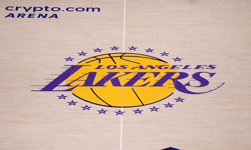 May 20, 2023; Los Angeles, California, USA; The Los Angeles Lakers logo at center court during game three of the Western Conference Finals for the 2023 NBA playoffs at Crypto.com Arena. Mandatory Credit: Kirby Lee-USA TODAY Sports