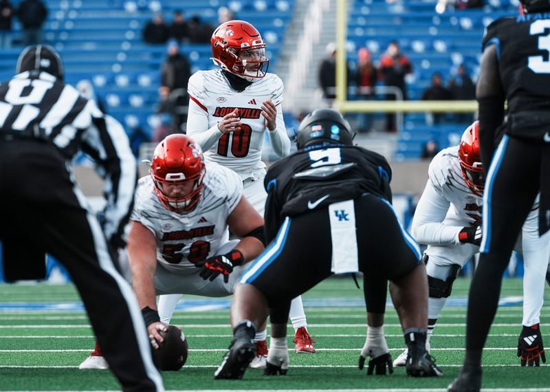 Louisville Cardinals quarterback Pierce Clarkson (10) took over from starter Tyler Shough late in the fourth quarter as the Cards defeated Kentucky at Kroger Field in Lexington, Ky. Nov. 30, 2024