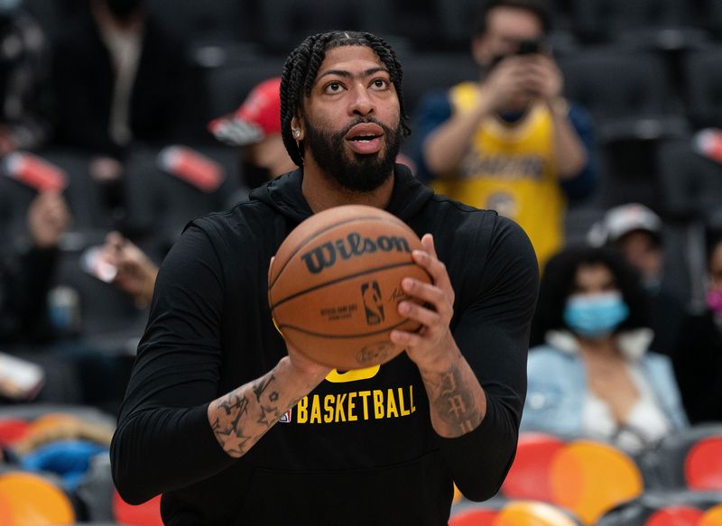 Mar 18, 2022; Toronto, Ontario, CAN; Los Angeles Lakers forward Anthony Davis (3) takes free throws during the pregame warmup against the Toronto Raptors at Scotiabank Arena. Mandatory Credit: Nick Turchiaro-USA TODAY Sports