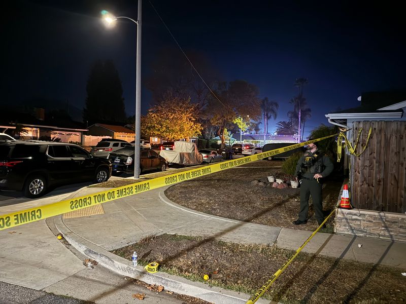 Police tape closes off an intersection at Gerald Drive and Jeanne Court in Newbury Park after a teen was killed in a home Thursday, Dec. 5, 2024. Ventura County Sheriff's deputies were investigating the death and arrested a 24-year-old man.