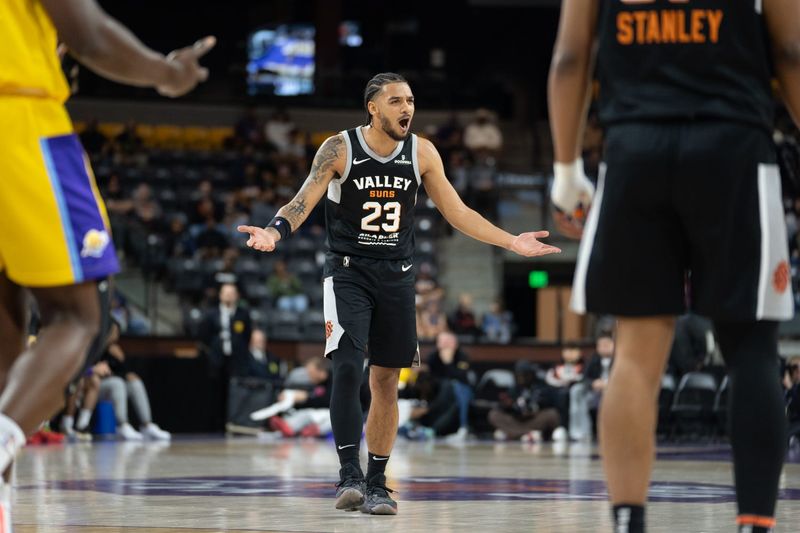 Valley Suns’ Jaden Shackelford (23) reacts to a foul call during a G League basketball game on Dec. 12, 2024, at Mullett Arena in Tempe.