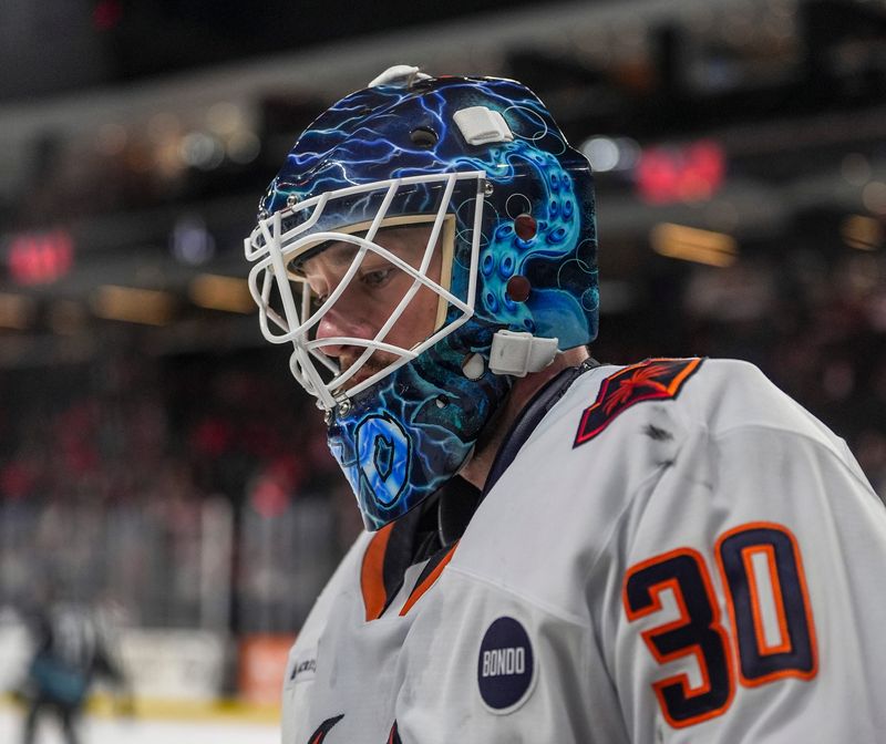 Coachella Valley goalie Ales Stezka skates out of the goal during a break in play in the third period of their game at Acrisure Arena in Palm Desert, Calif., Wednesday, Dec. 18, 2024.