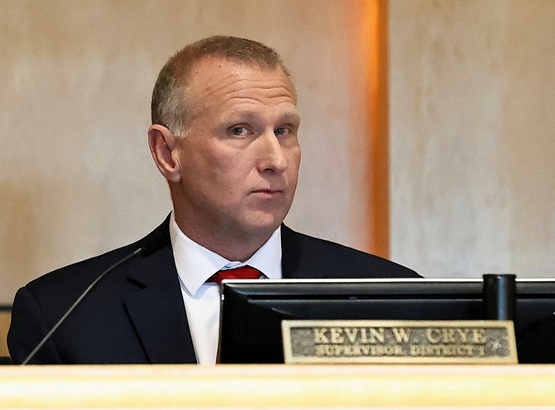 Shasta County Supervisor Kevin Crye at an earlier board meeting in 2025.