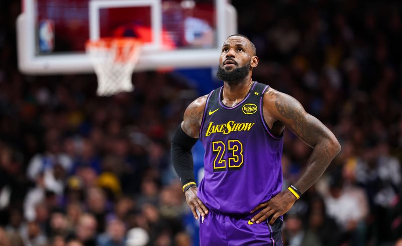 Jan 7, 2025; Dallas, Texas, USA; Los Angeles Lakers forward LeBron James (23) reacts against the Dallas Mavericks during the second half at American Airlines Center. Mandatory Credit: Kevin Jairaj-Imagn Images