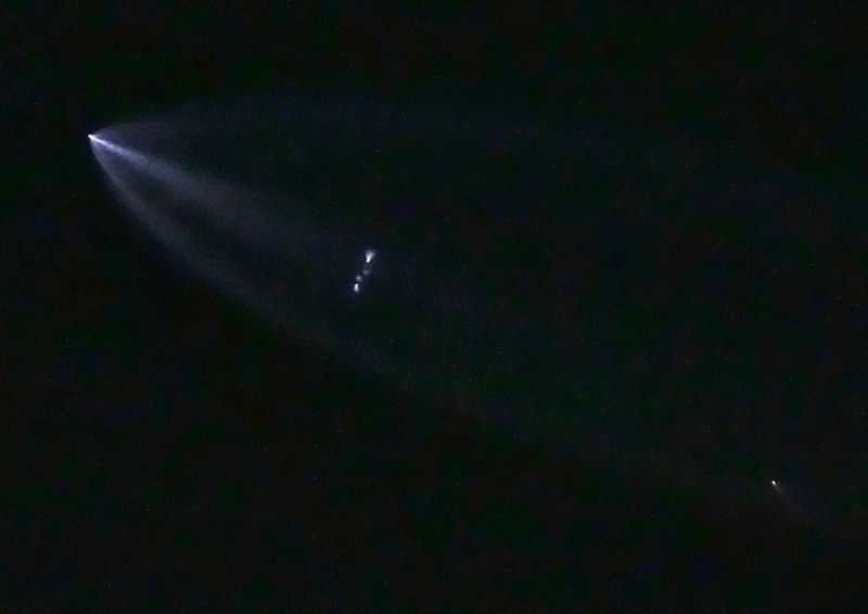 The SpaceX Falcon 9 Starlink launches from Vandenberg Space Force Base just before sunrise. Photographed from Whitewater, Calif., Jan. 24, 2025.