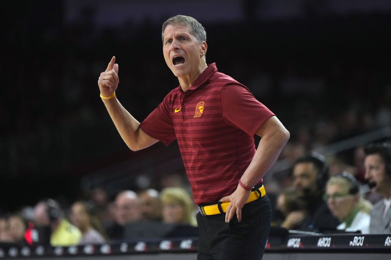 Jan 14, 2025; Los Angeles, California, USA; Southern California Trojans head coach Eric Musselman reacts in the first half against the Iowa Hawkeyes at Galen Center. Mandatory Credit: Kirby Lee-Imagn Images