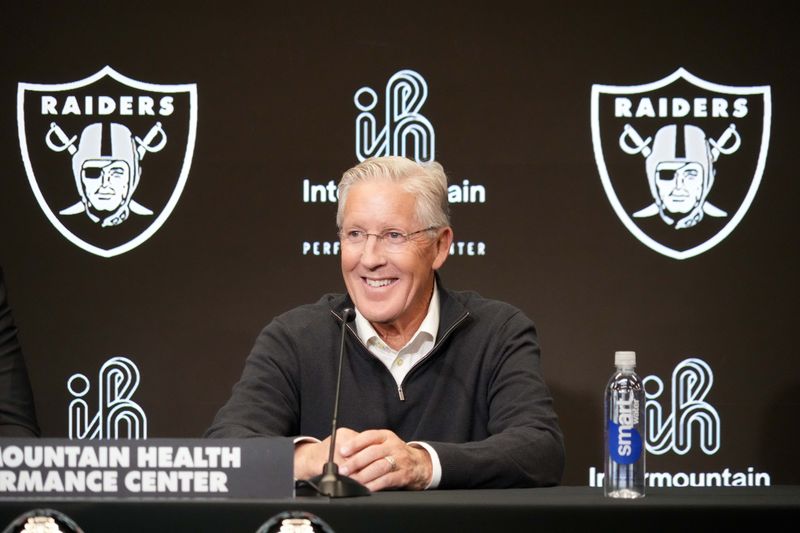 Jan 27, 2025; Las Vegas, NV, USA; Las Vegas Raiders coach Pete Carroll at press conference at Intermountain Health Performance Center. Mandatory Credit: Kirby Lee-Imagn Images