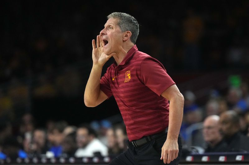 Jan 27, 2025; Los Angeles, California, USA; Southern California Trojans head coach Eric Musselman reacts against the UCLA Bruins in the first half at Galen Center. Mandatory Credit: Kirby Lee-Imagn Images