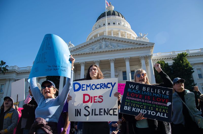 More than 1,000 people participate in the 50501 protest on the west steps of the California State Capitol building in Sacramento, Calif. on Feb. 5, 2025. 50501 stands for 50 protests in 50 states on one day and thousands of people gathered across the nation to protest President Donald Trump’s administration’s policies.