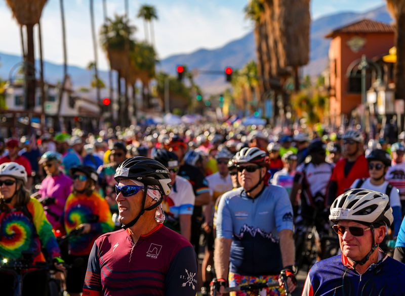 Riders get ready for the start of the Tour de Palm Springs in Palm Springs, Calif., Saturday, Feb. 8, 2025.