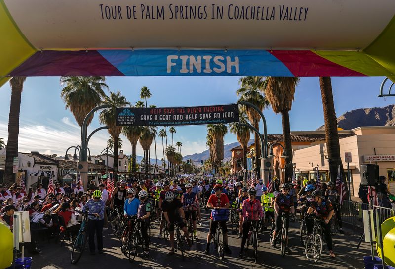 Riders get ready at the start line of the Tour de Palm Springs in Palm Springs, Calif., Saturday, Feb. 8, 2025.