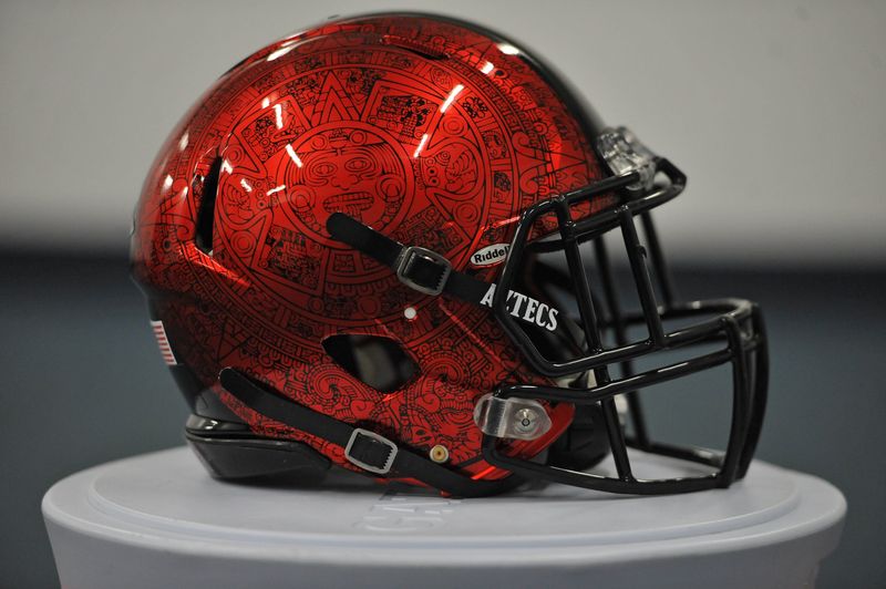 Sep 5, 2015; San Diego, CA, USA; A new San Diego State Aztecs helmet featuring the Aztec calendar before the game against the San Diego Toreros at Qualcomm Stadium. Mandatory Credit: Orlando Ramirez-USA TODAY Sports