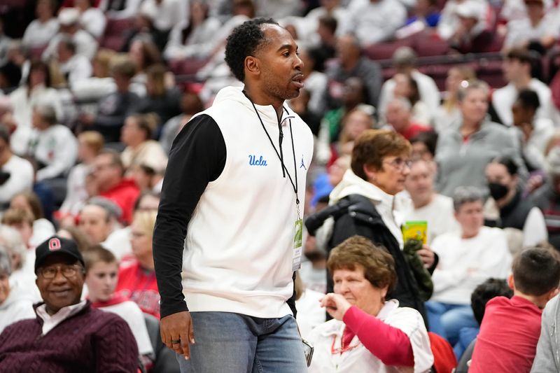 Dec 18, 2023; Columbus, OH, USA; UCLA athletic director Martin Jarmond watches during the second half of the NCAA women’s basketball game against the Ohio State Buckeyes at Value City Arena. Ohio State lost 77-71.