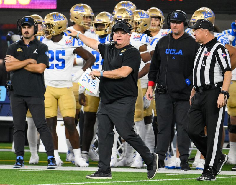 Dec 16, 2023; Inglewood, CA, USA; UCLA Bruins head coach Chip Kelly reacts during the first quarter against the Boise State Broncos in the Starco Brands LA Bowl at SoFi Stadium. Mandatory Credit: Robert Hanashiro-USA TODAY Sports