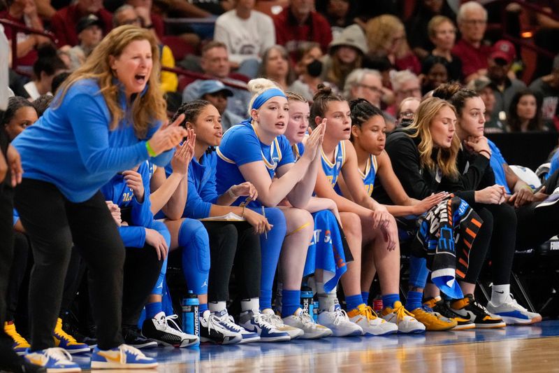 Mar 25, 2023; Greenville, SC, USA; UCLA Bruins bench during the second half against the South Carolina Gamecocks at the NCAA WomenÕs Tournament at Bon Secours Wellness Arena. Mandatory Credit: Jim Dedmon-USA TODAY Sports