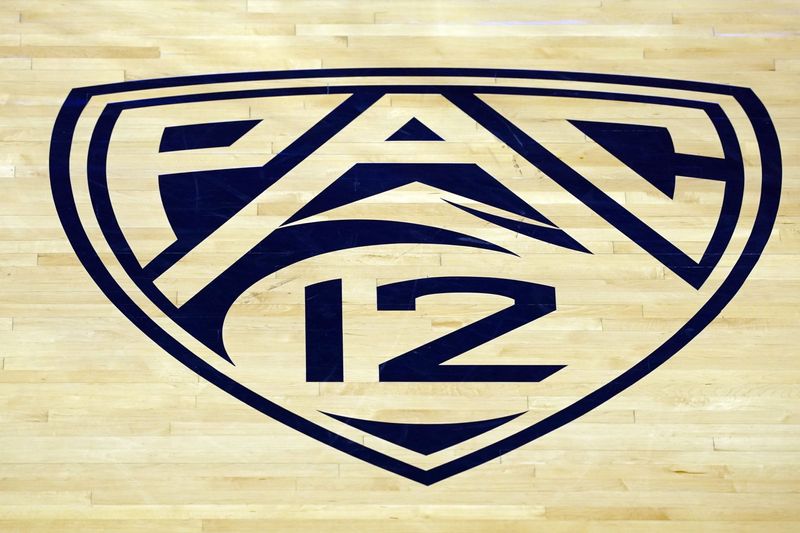 Dec 22, 2020; Berkeley, California, USA; A view of the Pac-12 logo on the court as seen before the game between the California Golden Bears and the Seattle Redhawks at Haas Pavilion. Mandatory Credit: Darren Yamashita-USA TODAY Sports