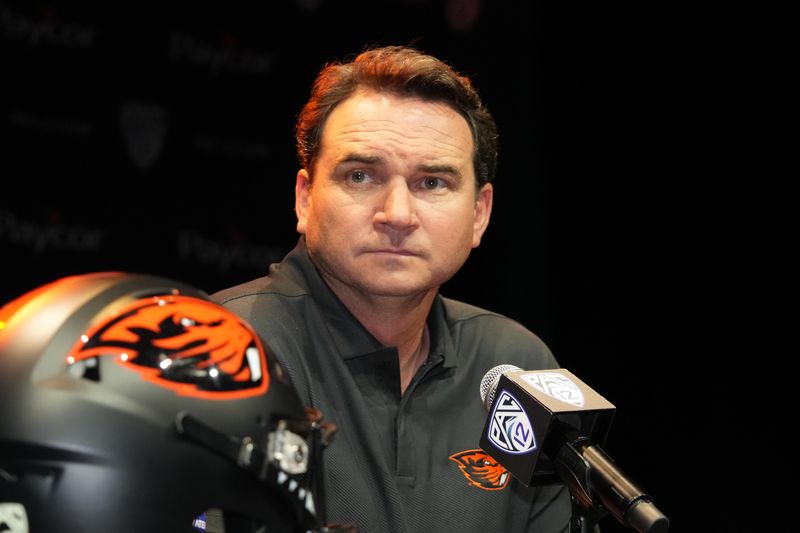 Jul 29, 2022; Los Angeles, CA, USA; Oregon State Beavers coach Jonathan Smith speaks during Pac-12 Media Day at Novo Theater. Mandatory Credit: Kirby Lee-USA TODAY Sports